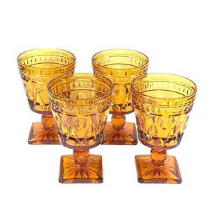 4ct 8 oz Indiana Glass Colony Park Lane Amber Wine Water Goblets Footed 5 1/2 in